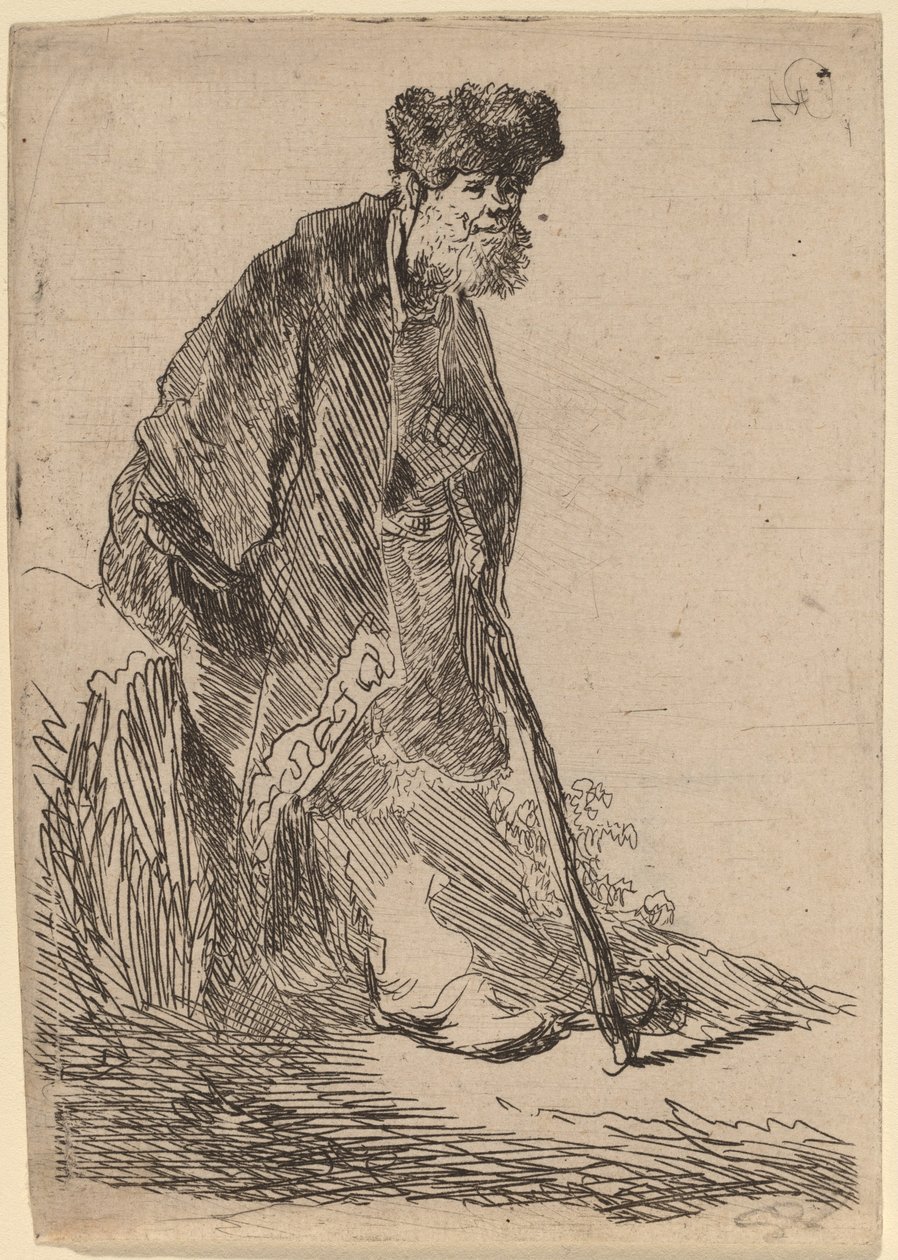 Homem de casaco e boné de pele encostado a um banco de Rembrandt van Rijn