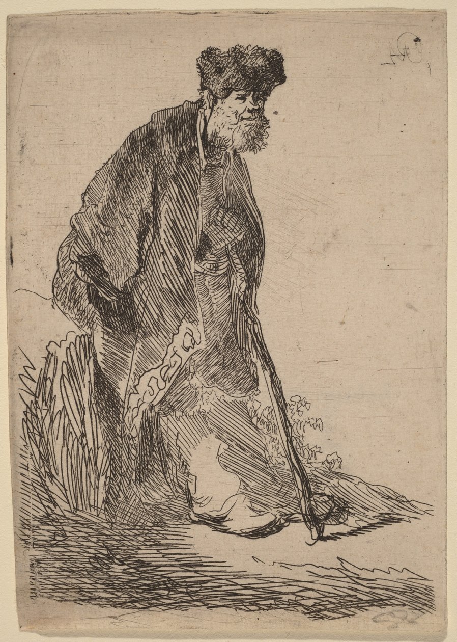 Homem com casaco e gorro de pele encostado a um banco de Rembrandt van Rijn