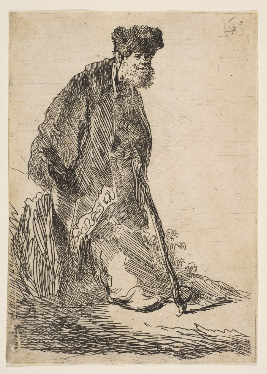 Homem de casaco e boné de pele encostado a um banco, ca. 1630. de Rembrandt van Rijn