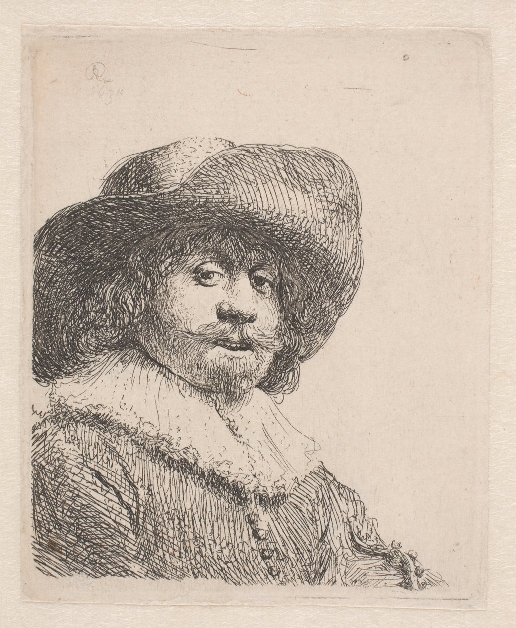 Homem em um chapéu de abas largas e rufo de Rembrandt van Rijn