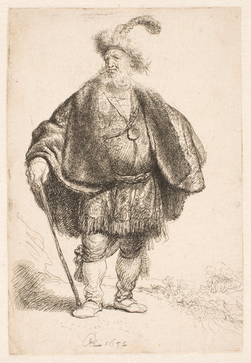 Homem de pé, vestido com trajes orientais e um gorro de pele com plumas de Rembrandt van Rijn
