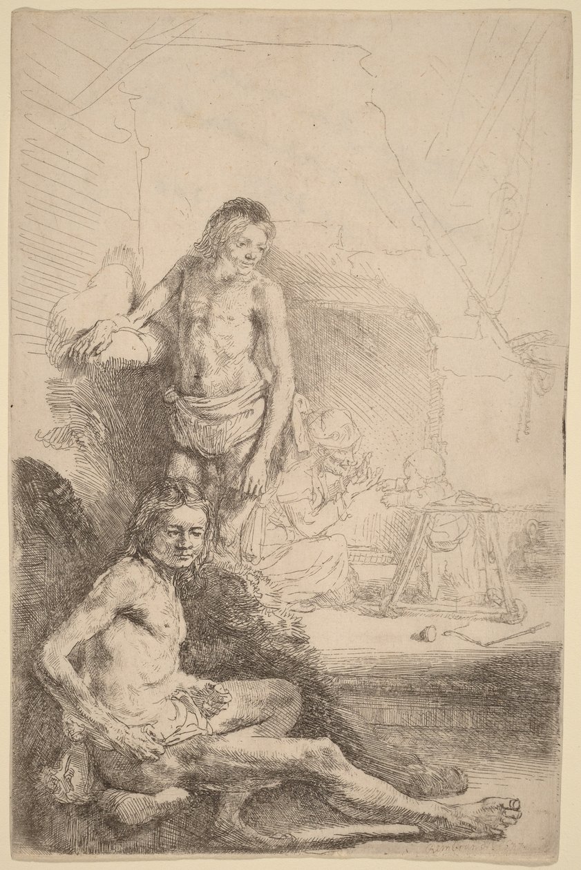 Homem nu sentado e homem nu de pé, com uma mulher e um bebé ao fundo de Rembrandt van Rijn