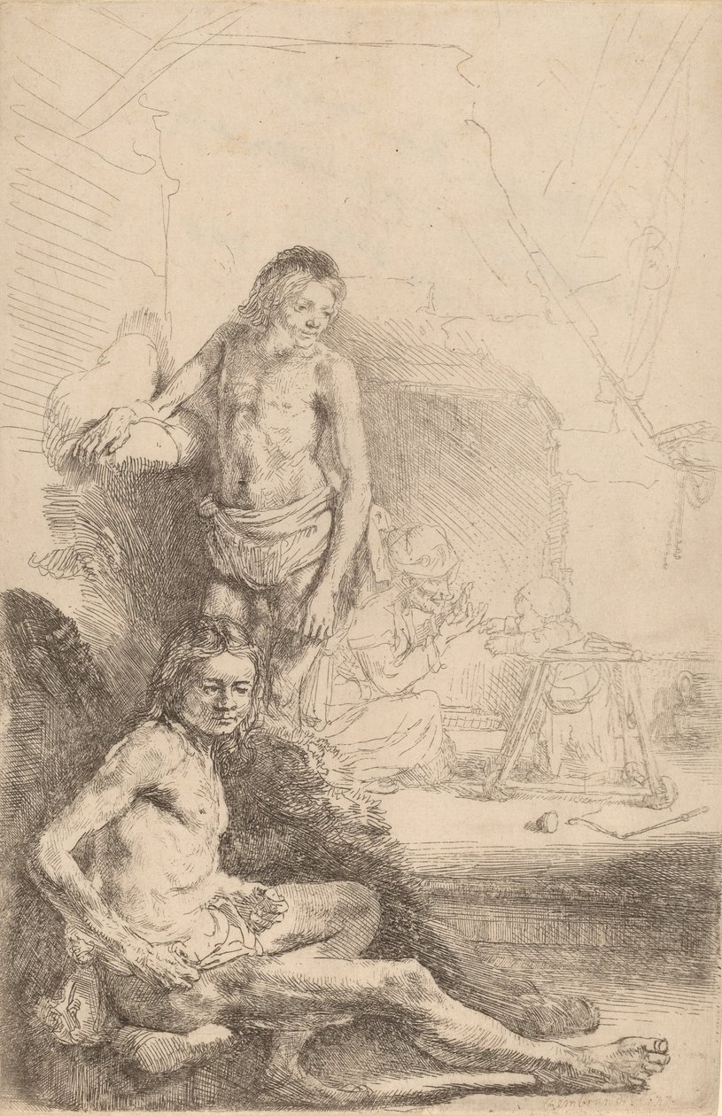 Homem nu sentado e homem nu em pé, com uma mulher e um bebê ao fundo, c. 1646. de Rembrandt van Rijn