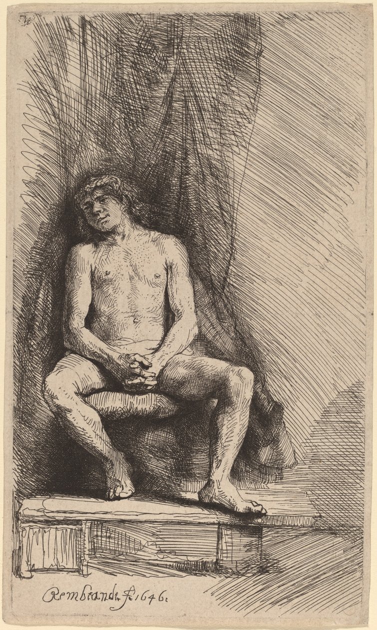 Homem nu sentado diante de uma cortina de Rembrandt van Rijn