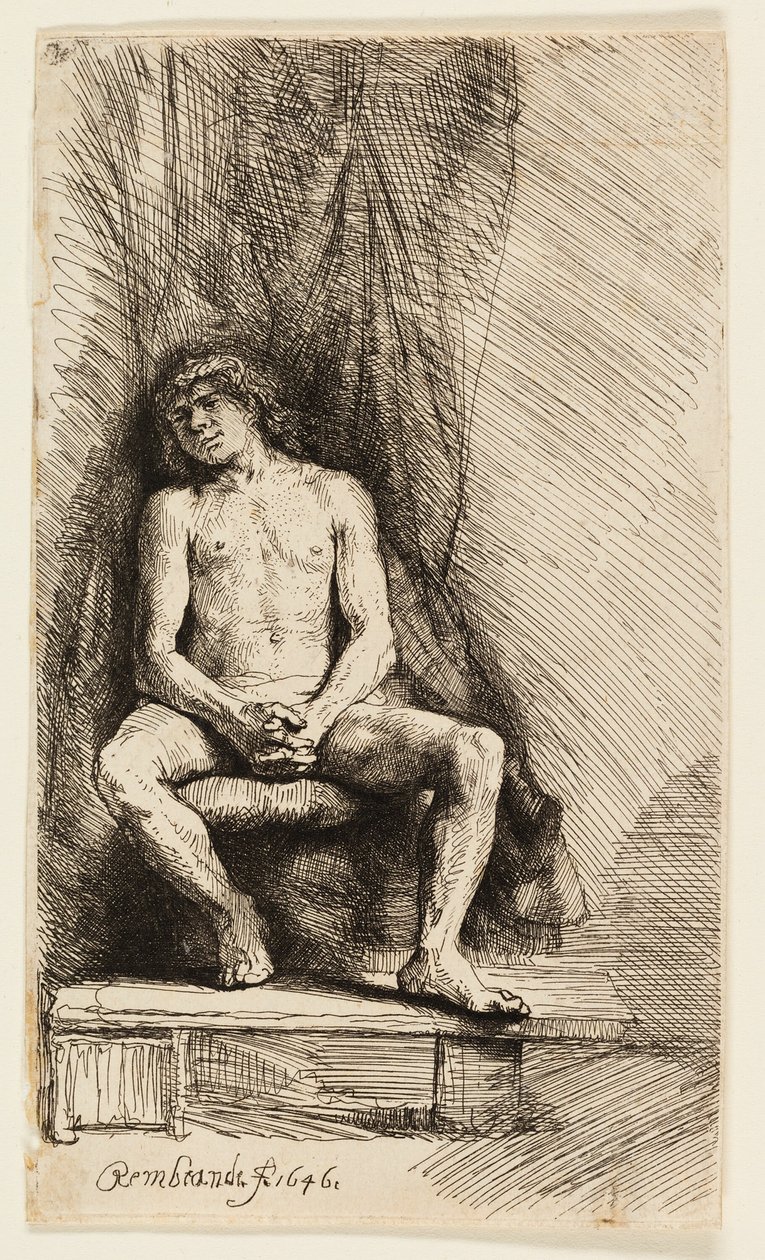 Homem nu sentado diante de uma cortina de Rembrandt van Rijn