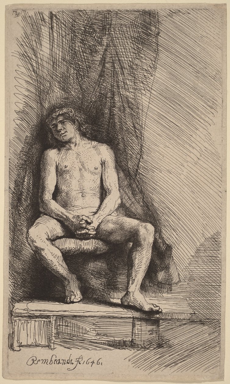 Homem nu sentado diante de uma cortina de Rembrandt van Rijn