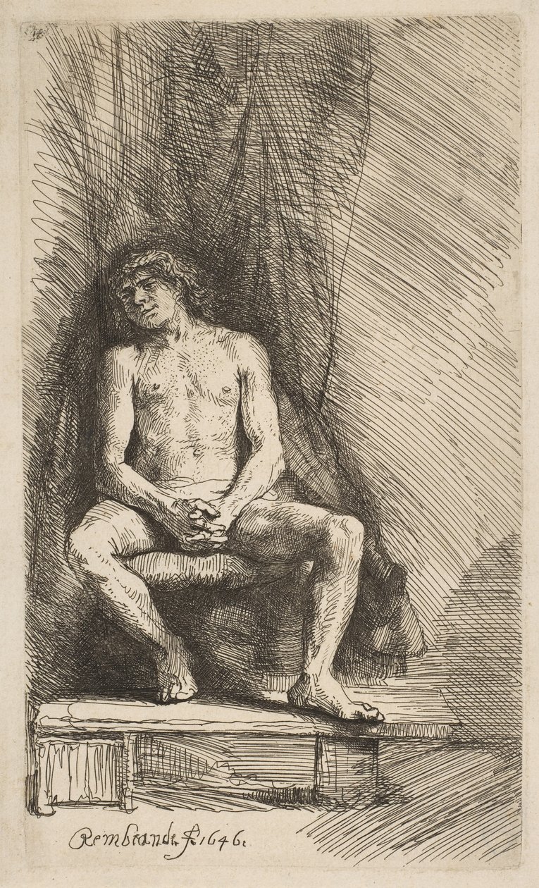 Homem nu sentado diante de uma cortina, 1646. de Rembrandt van Rijn