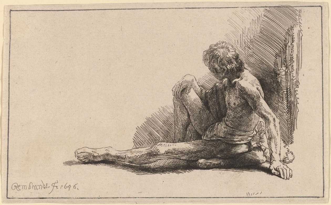 Homem nu sentado no chão com uma perna estendida de Rembrandt van Rijn