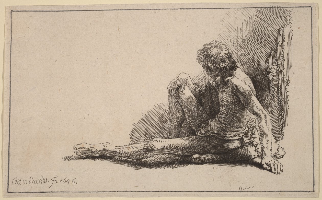 Homem nu sentado no chão com uma perna estendida de Rembrandt van Rijn