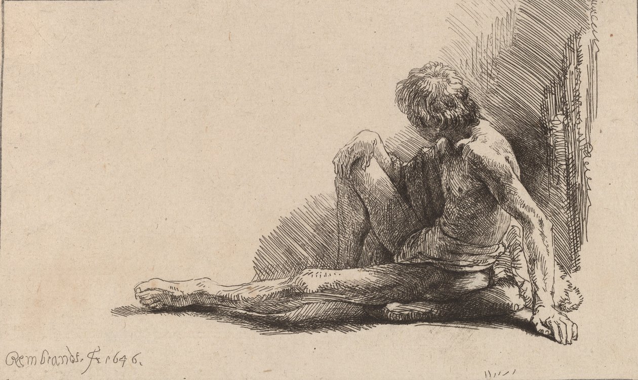 Homem nu sentado no chão com uma perna estendida, 1646. de Rembrandt van Rijn
