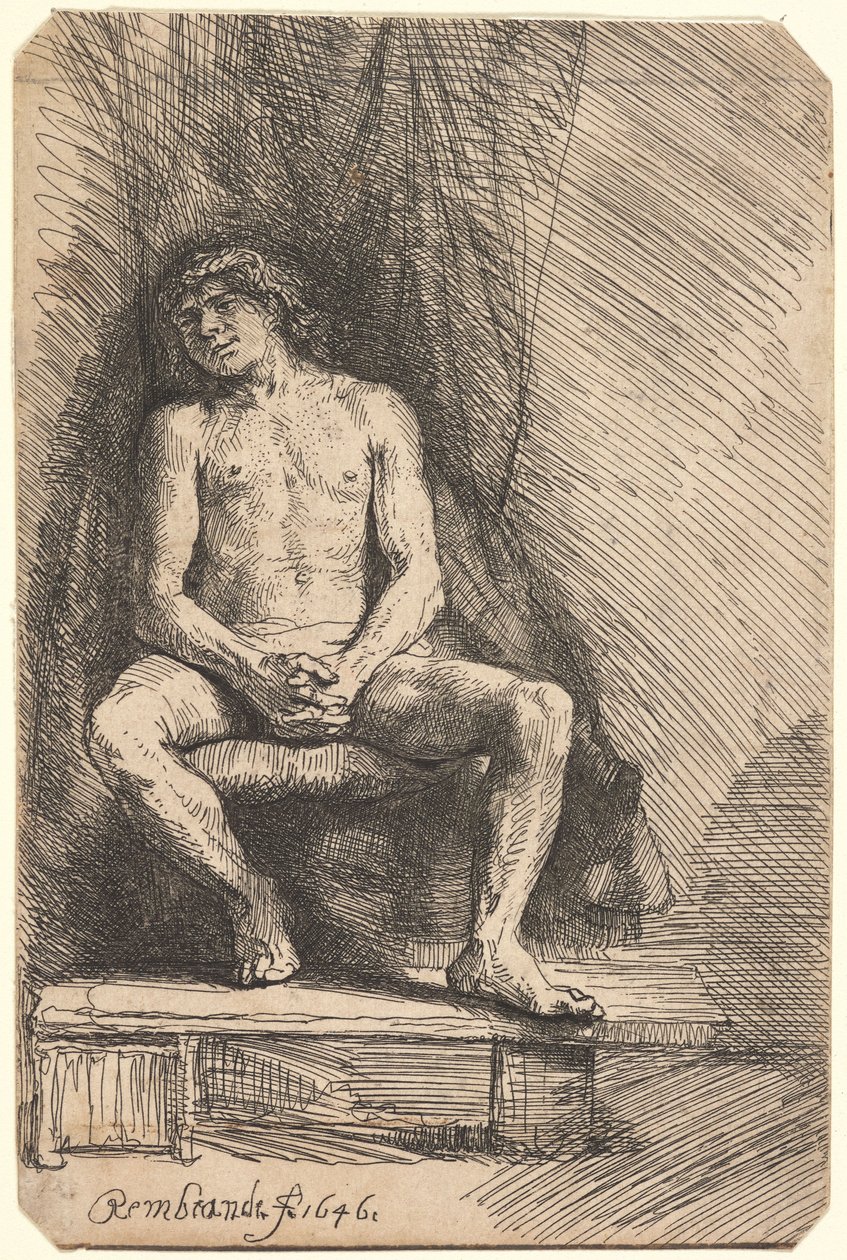 Homem nu sentado diante de uma cortina (BB.46-Bi) de Rembrandt van Rijn
