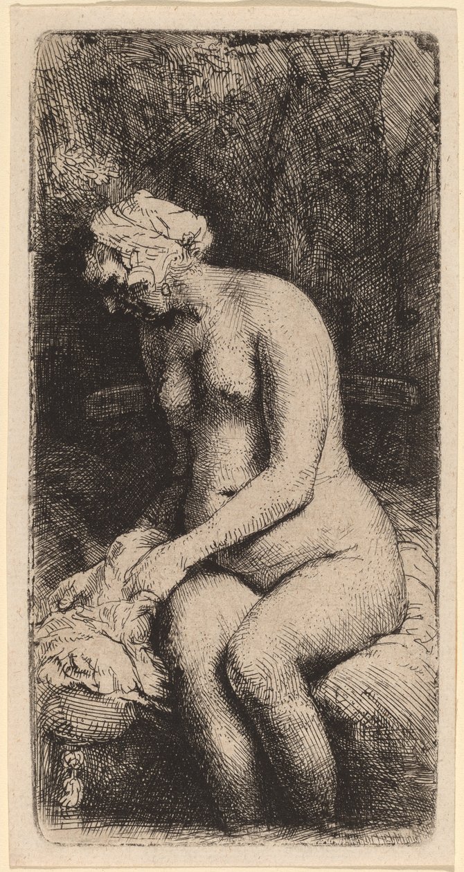 Nua sentada em um banco com um travesseiro (Mulher banhando os pés em um riacho) de Rembrandt van Rijn