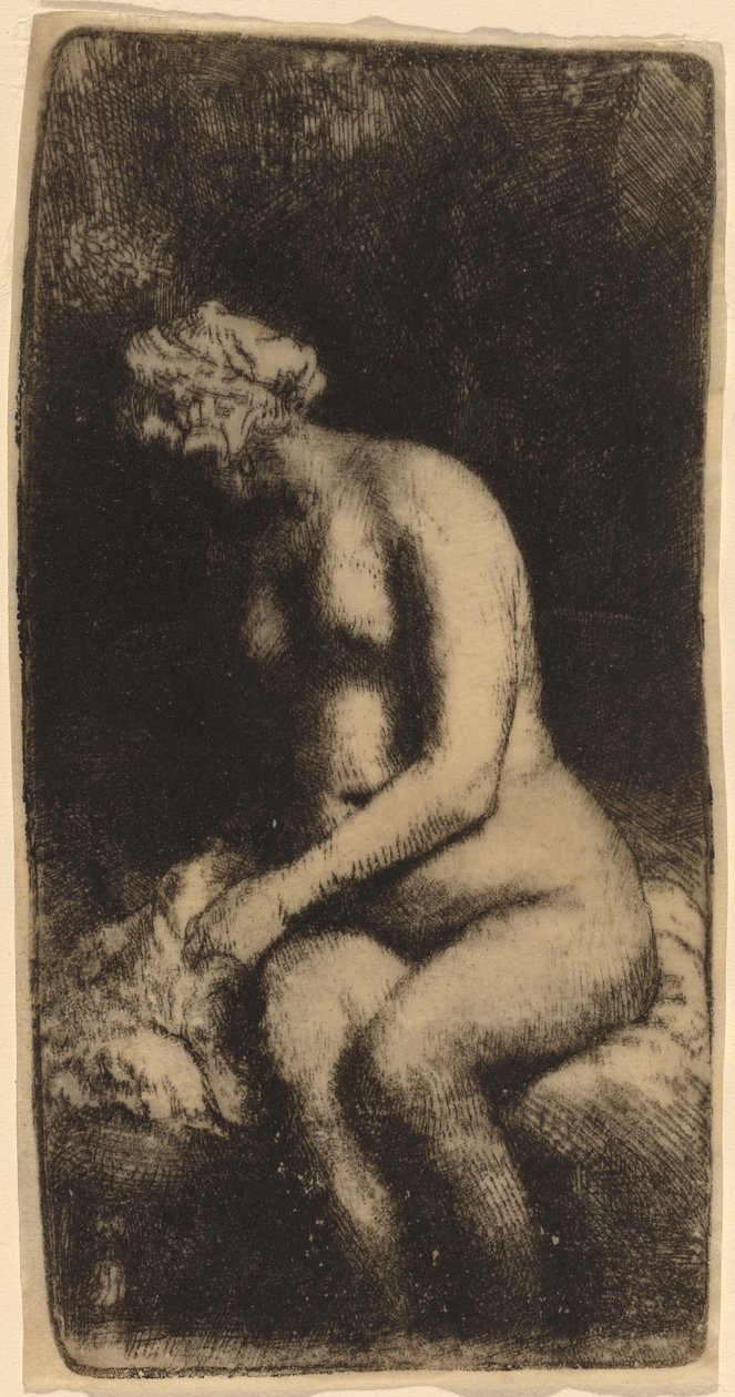 Nua sentada em um banco com um travesseiro (Mulher banhando os pés em um riacho) de Rembrandt van Rijn
