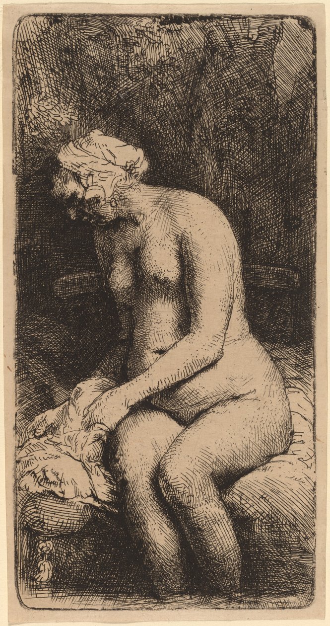 Nua sentada em um banco com um travesseiro (Mulher banhando os pés em um riacho) de Rembrandt van Rijn