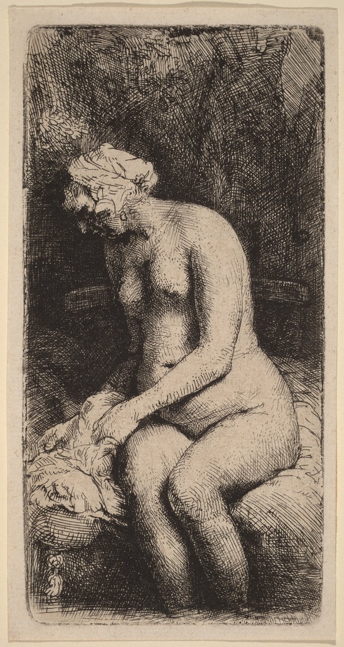 Nua, sentada num banco com uma almofada (Mulher a lavar os pés num ribeiro) de Rembrandt van Rijn