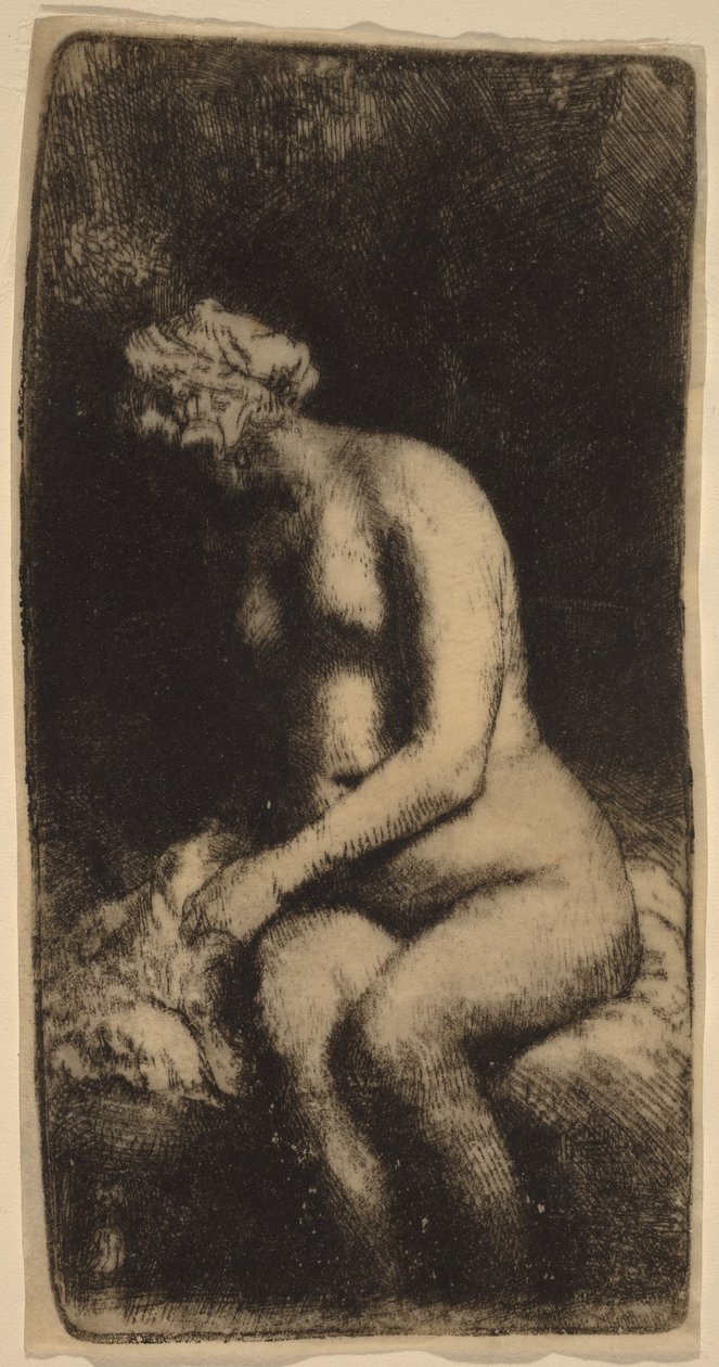 Nua, sentada num banco com uma almofada (Mulher a lavar os pés num ribeiro) de Rembrandt van Rijn