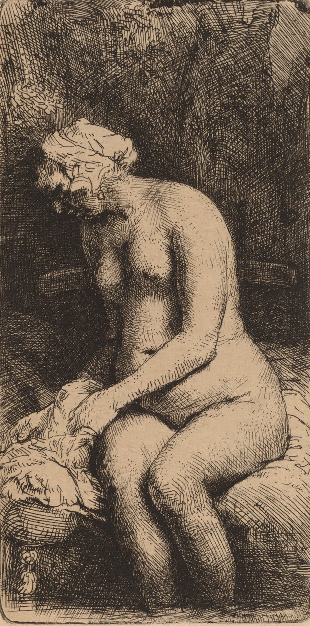 Nua sentada em um banco com uma mulher de travesseiro banhando os pés em um riacho, 1658. de Rembrandt van Rijn