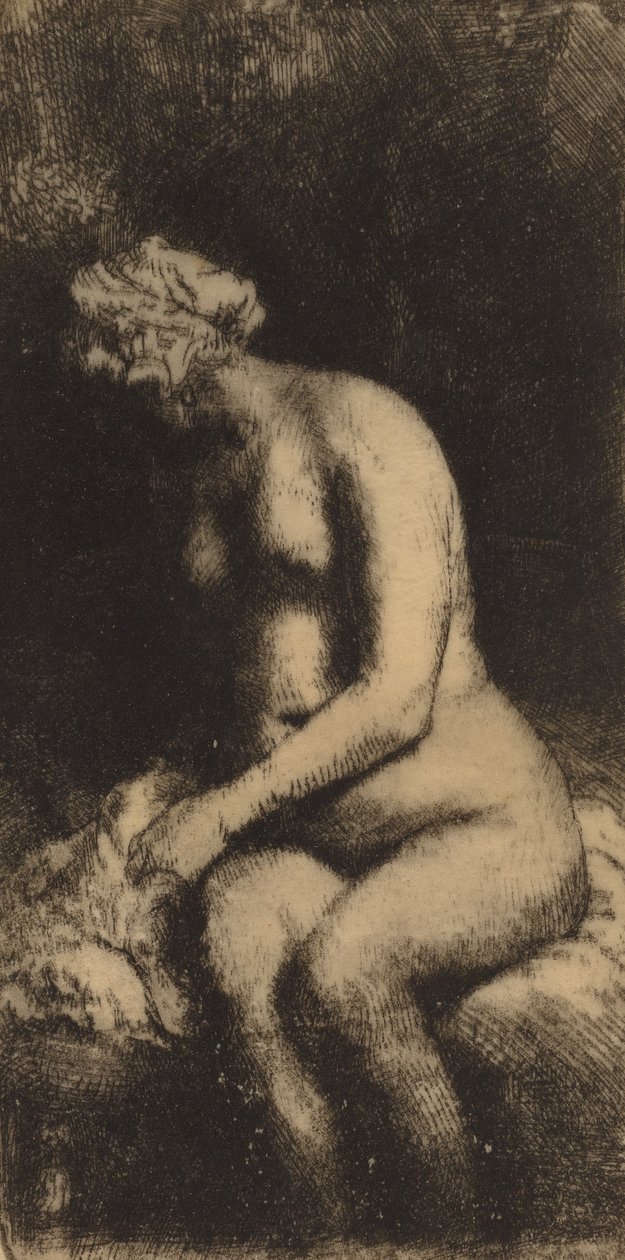 Nua sentada em um banco com uma mulher de travesseiro banhando os pés em um riacho, 1658. de Rembrandt van Rijn