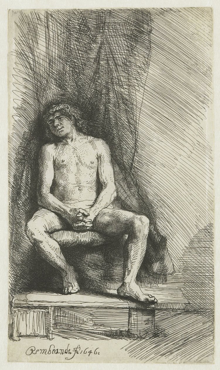 Jovem Nu, sentado diante de uma cortina
Homem nu sentado diante de uma cortina de Rembrandt van Rijn