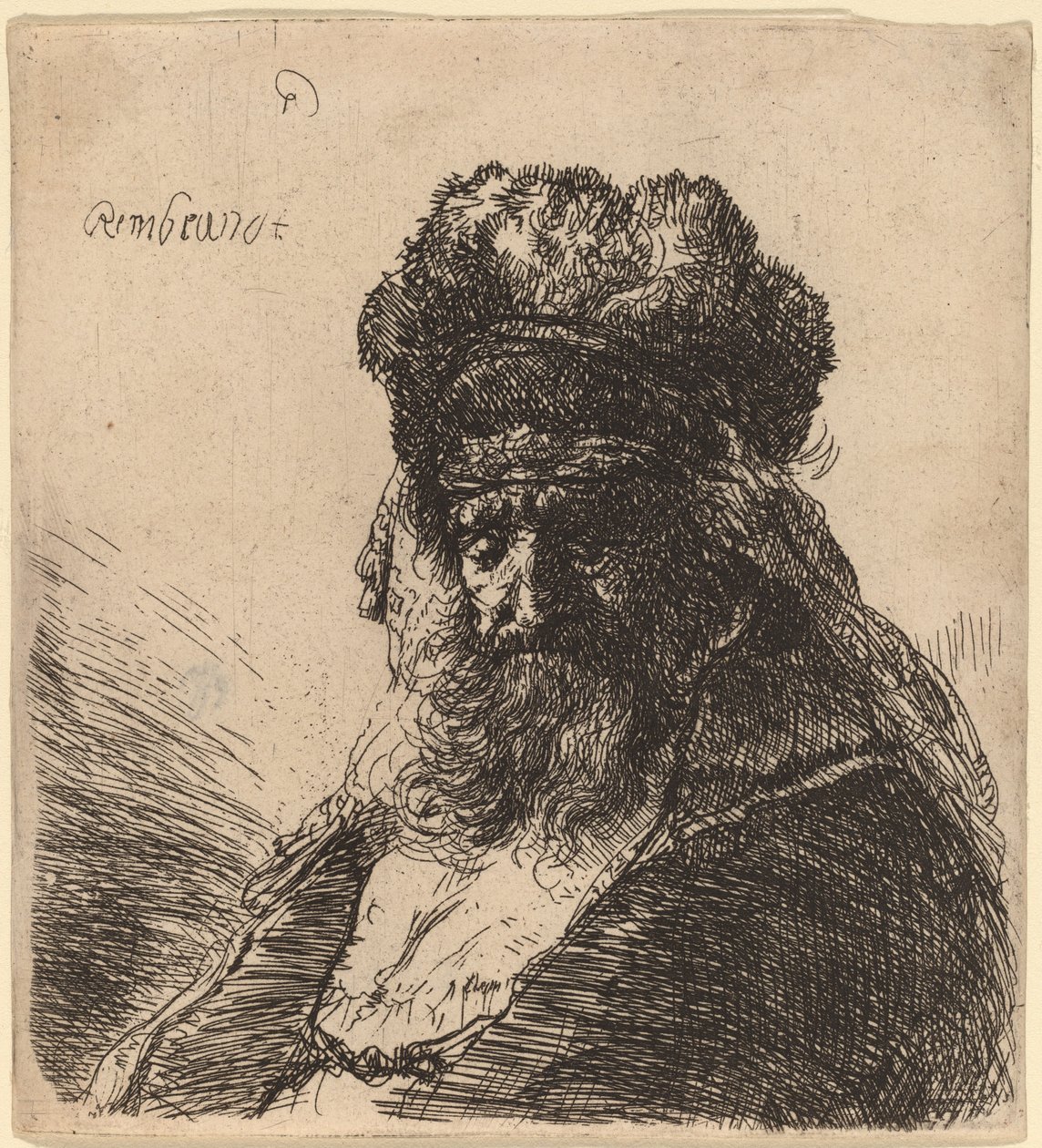 Velho barbudo em um gorro de pele alta, com os olhos fechados de Rembrandt van Rijn
