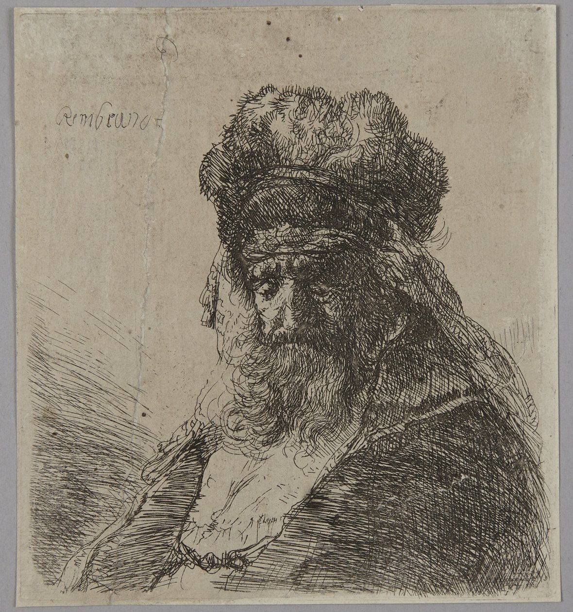 Um velho barbudo com um gorro alto de pele, de olhos fechados de Rembrandt van Rijn