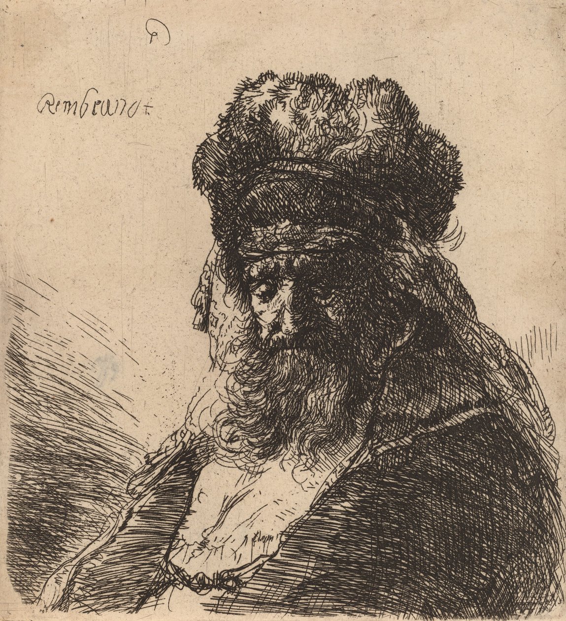 Velho barbudo em um gorro de pele alta, com os olhos fechados, c. 1635. de Rembrandt van Rijn