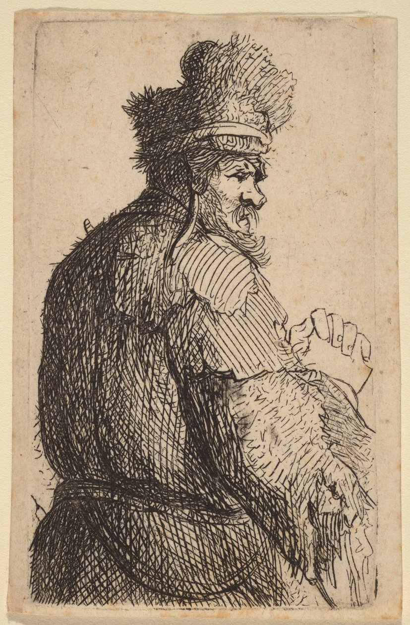 Homem idoso visto de costas, de perfil para a direita de Rembrandt van Rijn