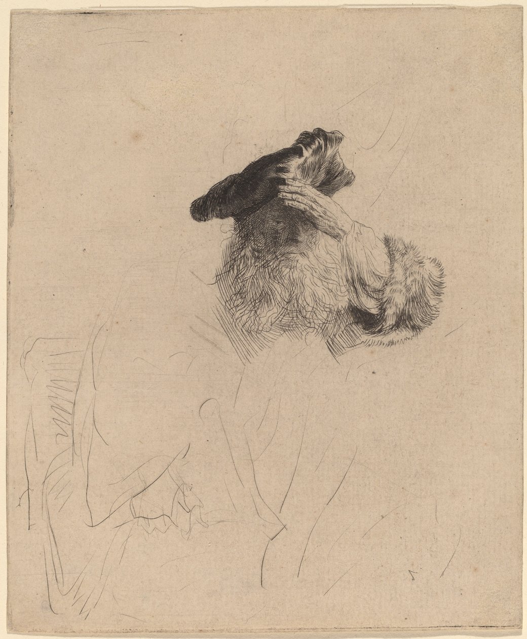 Velho protegendo os olhos com a mão de Rembrandt van Rijn