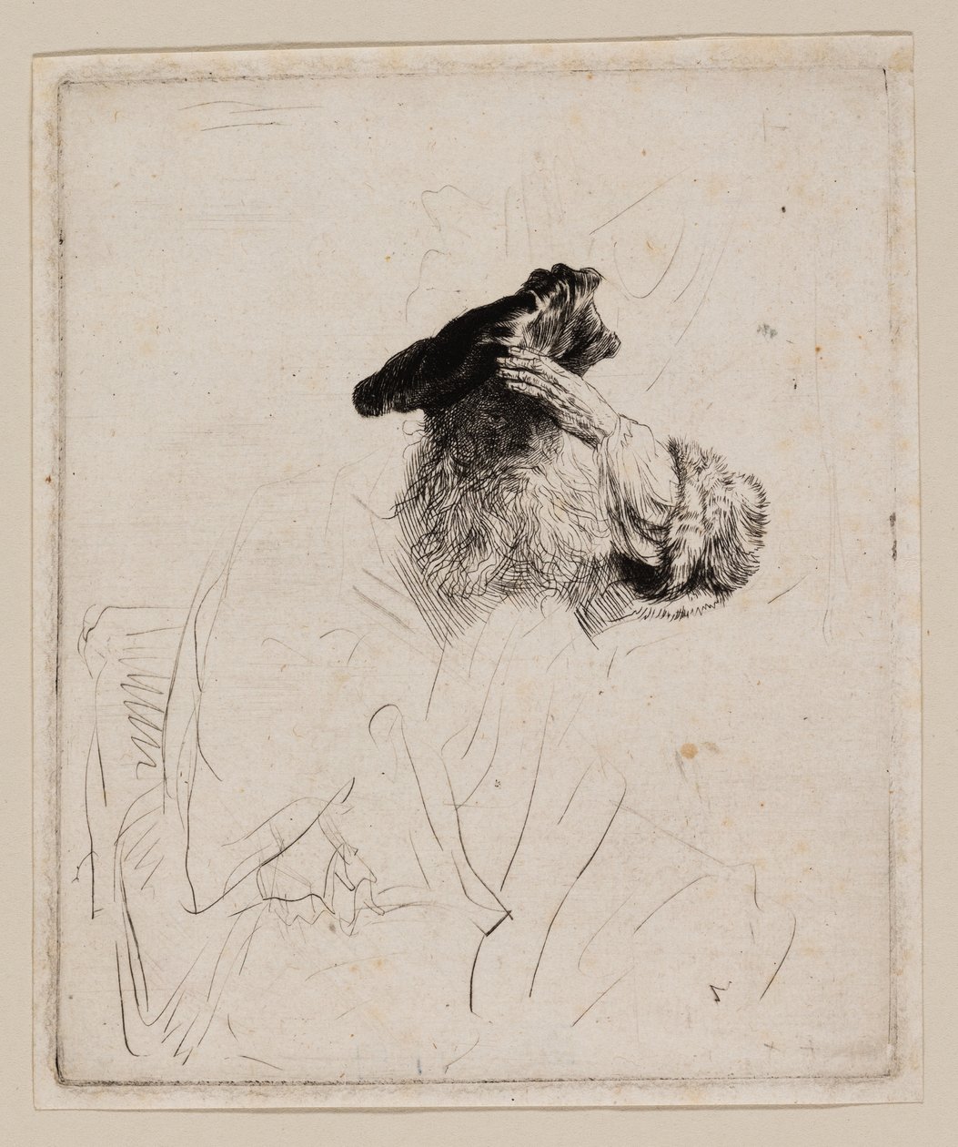 Velho protegendo os olhos com a mão de Rembrandt van Rijn