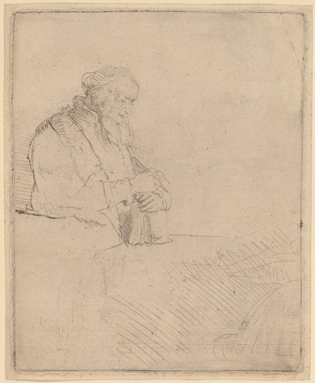 Velho em meditação, apoiando-se em um livro de Rembrandt van Rijn