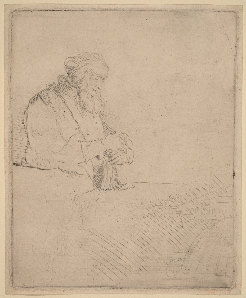 Ancião em meditação, apoiado num livro de Rembrandt van Rijn