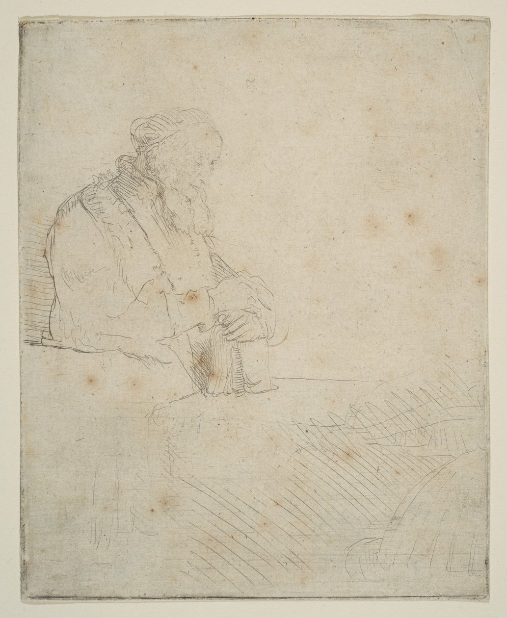 Velho em meditação, apoiando-se em um livro, c. 1645. de Rembrandt van Rijn