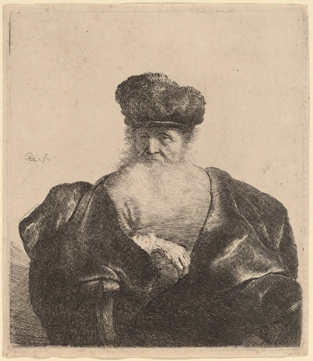 Velho com barba, gorro de pele e manto de veludo de Rembrandt van Rijn