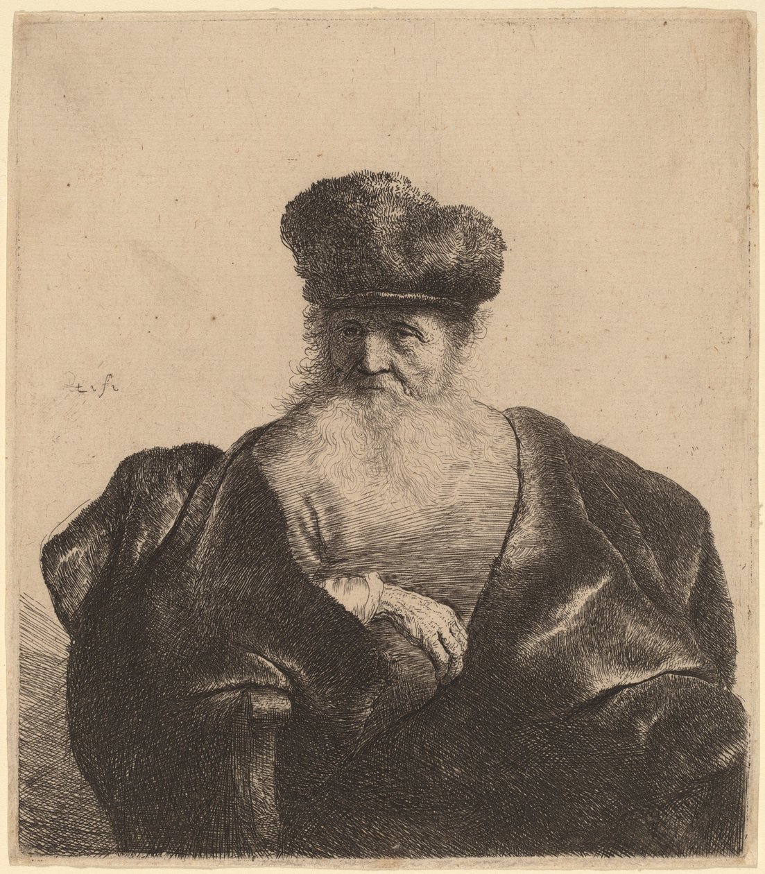 Velho com barba, gorro de pele e manto de veludo de Rembrandt van Rijn
