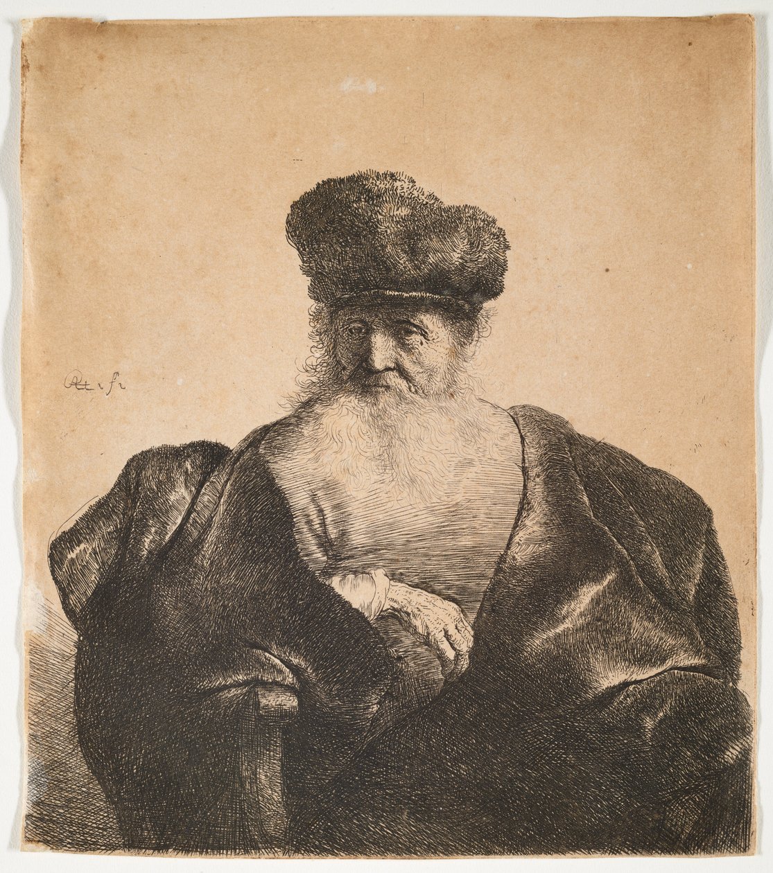 Ancião com barba, gorro de pele e capa de veludo de Rembrandt van Rijn