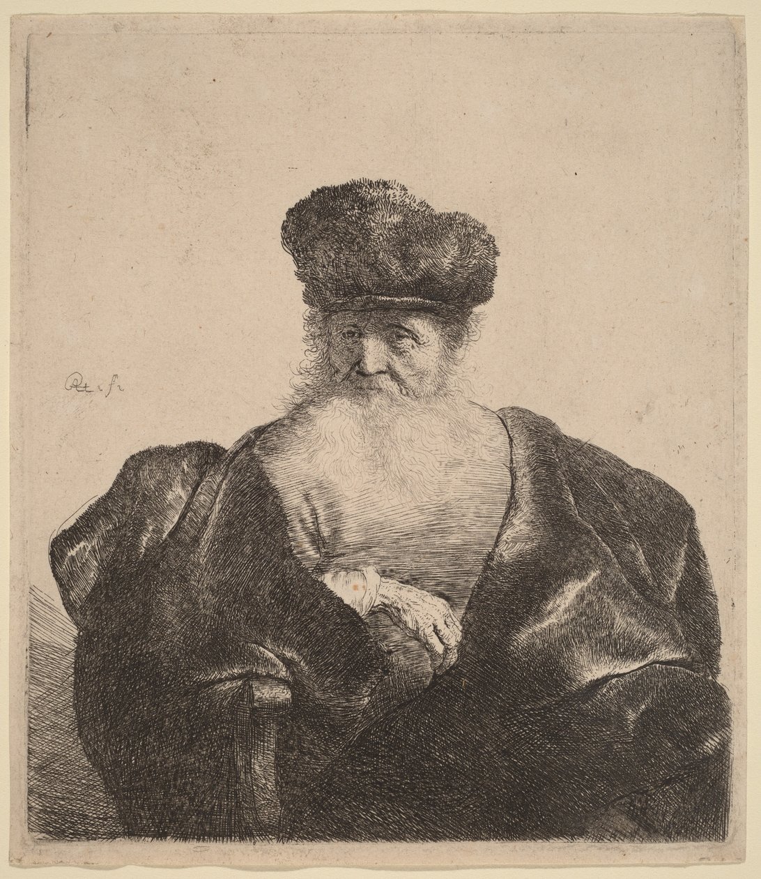 Ancião com barba, gorro de pele e capa de veludo de Rembrandt van Rijn