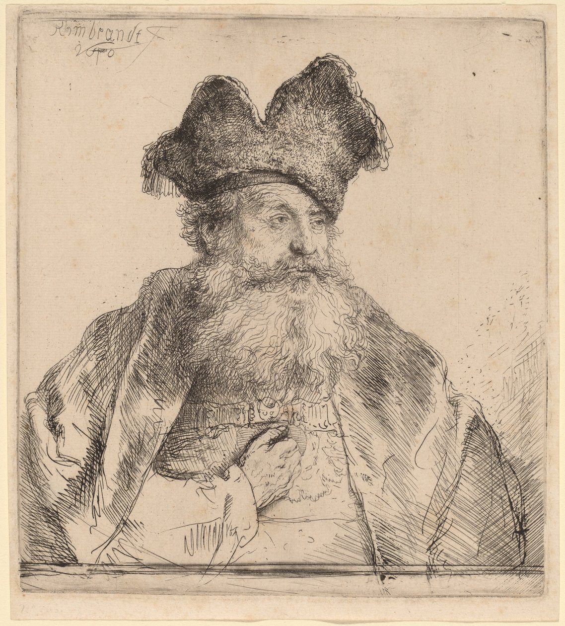 Velho com um gorro de pele dividido de Rembrandt van Rijn