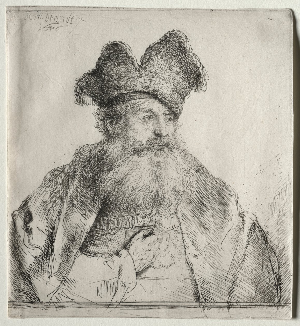 Velho com um gorro de pele dividido de Rembrandt van Rijn