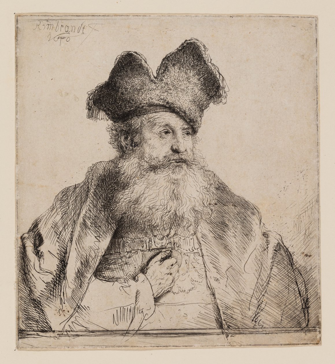 Velho com um gorro de pele dividido de Rembrandt van Rijn