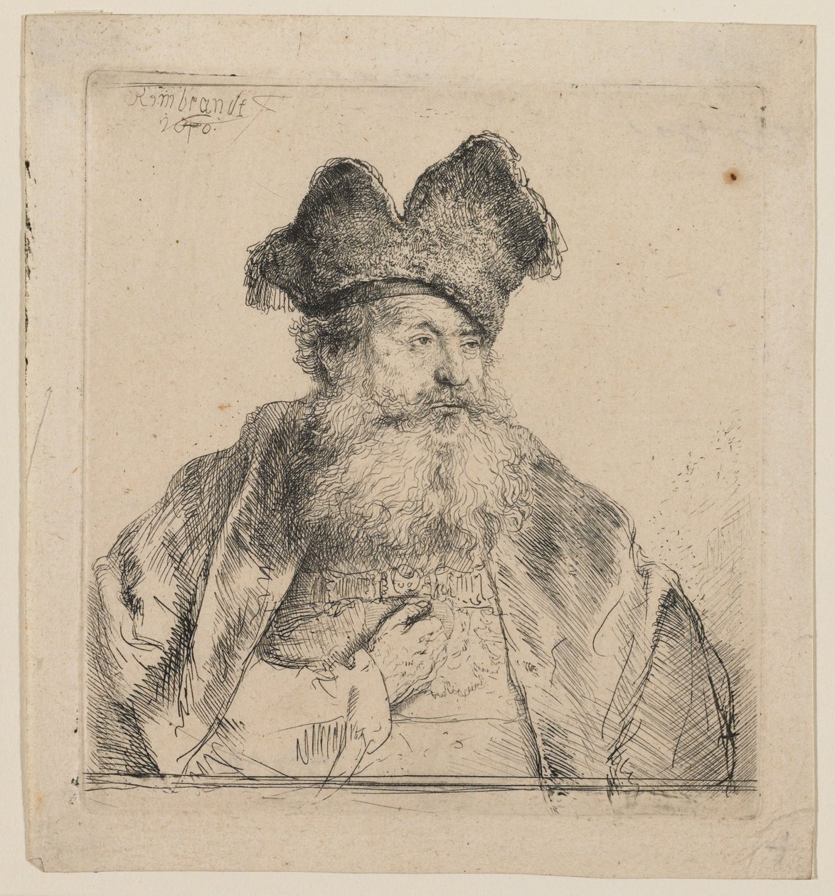 Ancião com um gorro de pele dividido de Rembrandt van Rijn