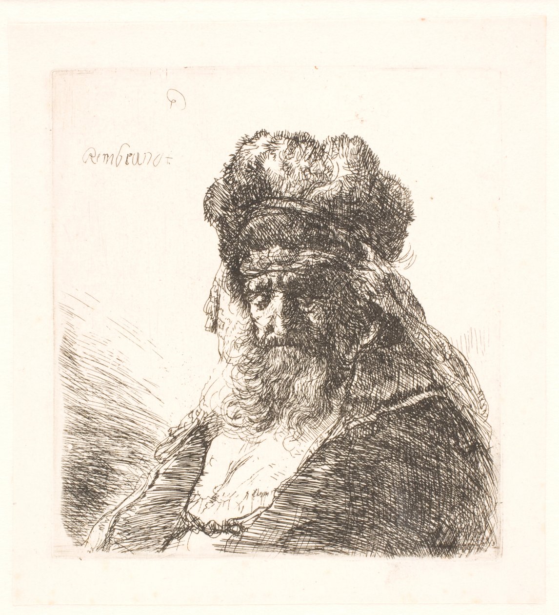 Velho barbudo com um gorro de pele alto, com os olhos fechados de Rembrandt van Rijn
