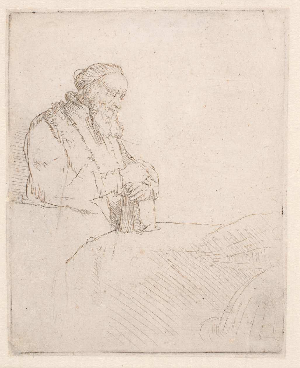 Ancião em meditação, apoiado num livro de Rembrandt van Rijn