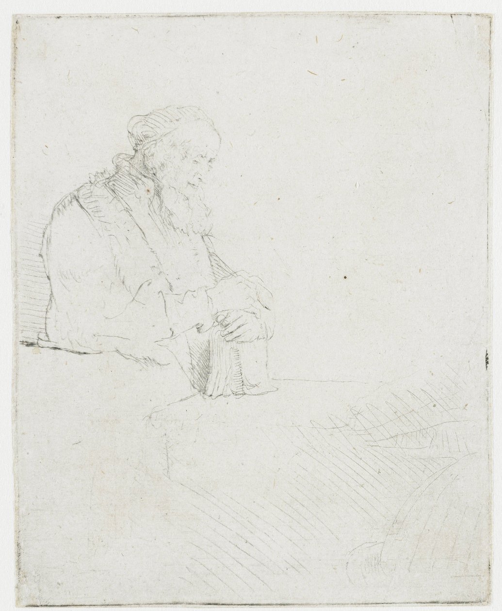 Ancião em meditação, apoiado num livro de Rembrandt van Rijn