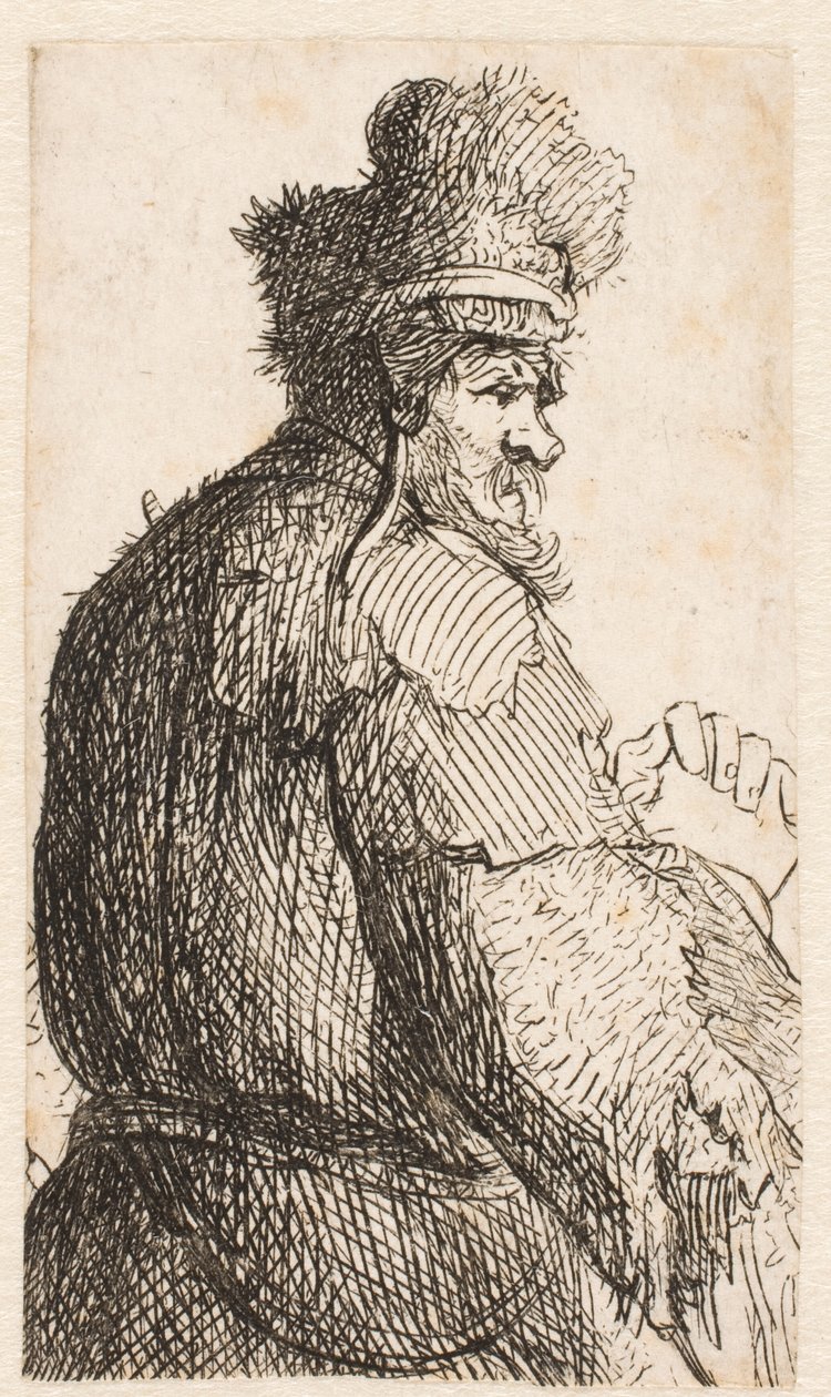 Homem idoso visto de costas: de perfil para a direita: figura a meio corpo de Rembrandt van Rijn