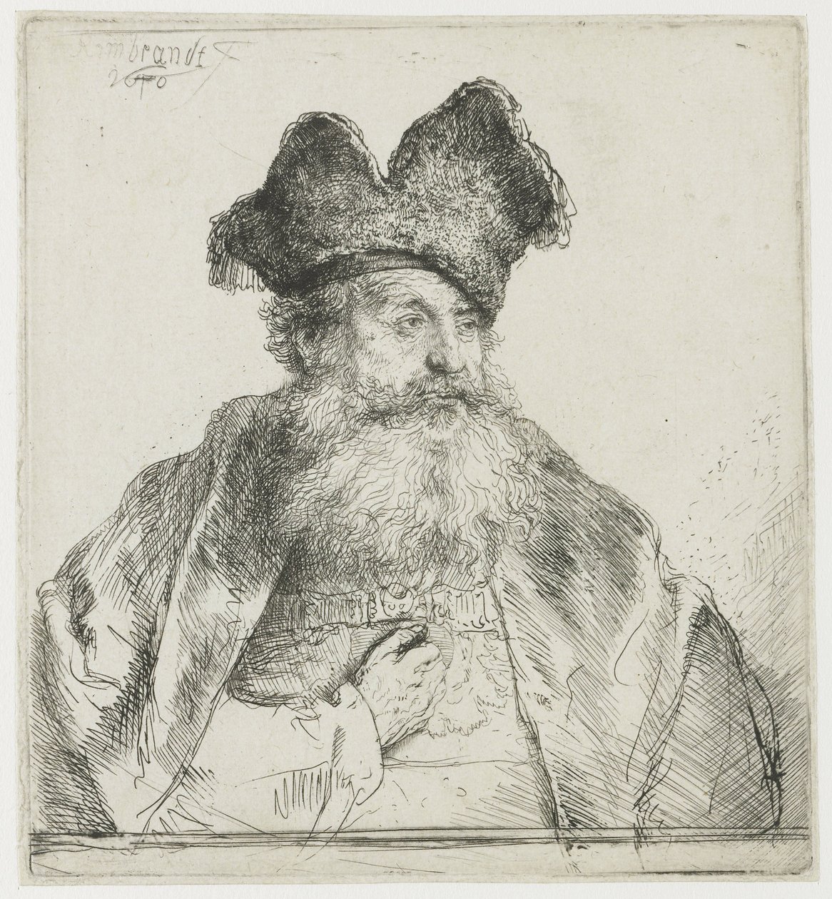 Velho com um gorro de pele dividido de Rembrandt van Rijn