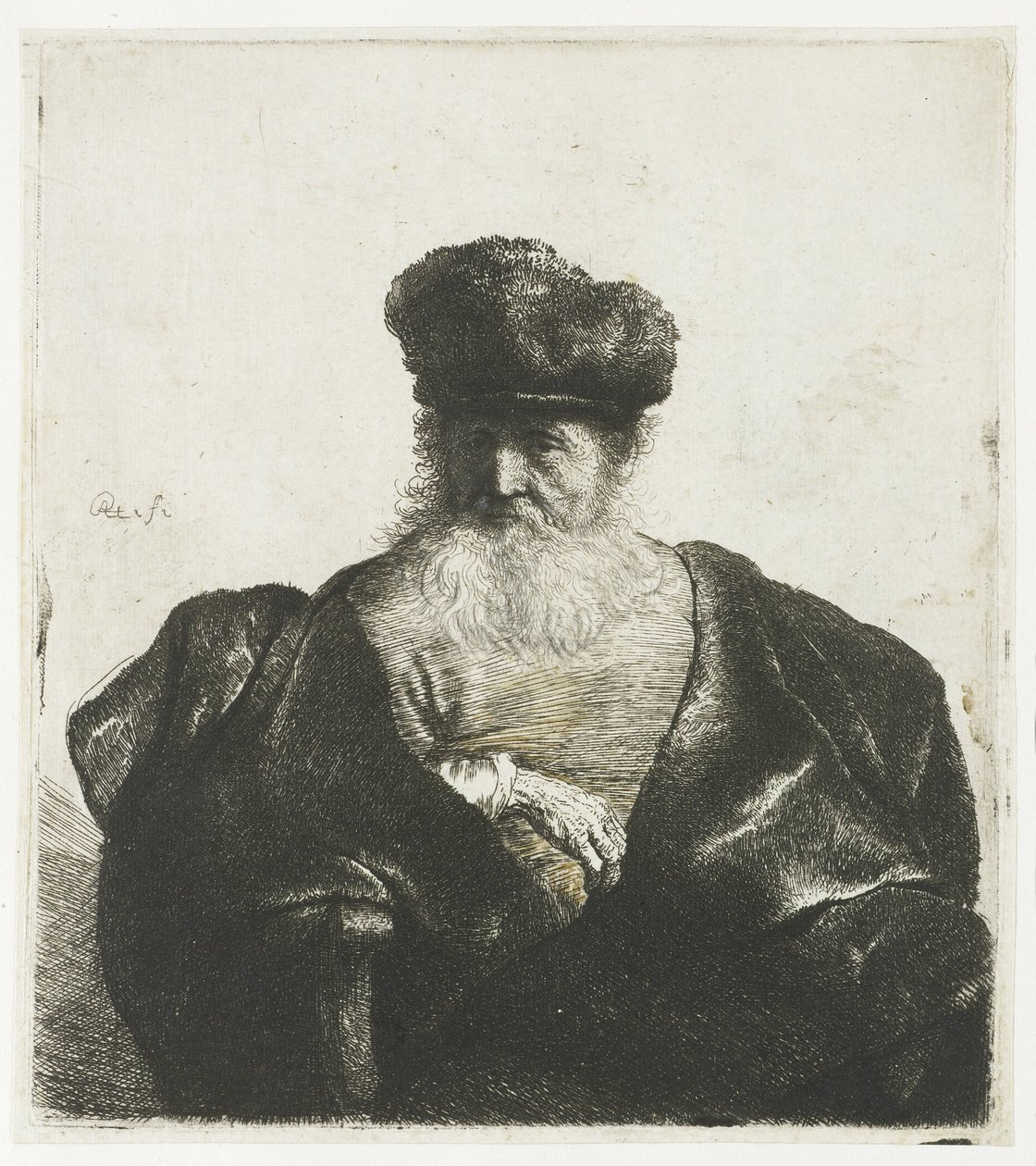 Velho com barba, touca de pele e capa de veludo de Rembrandt van Rijn