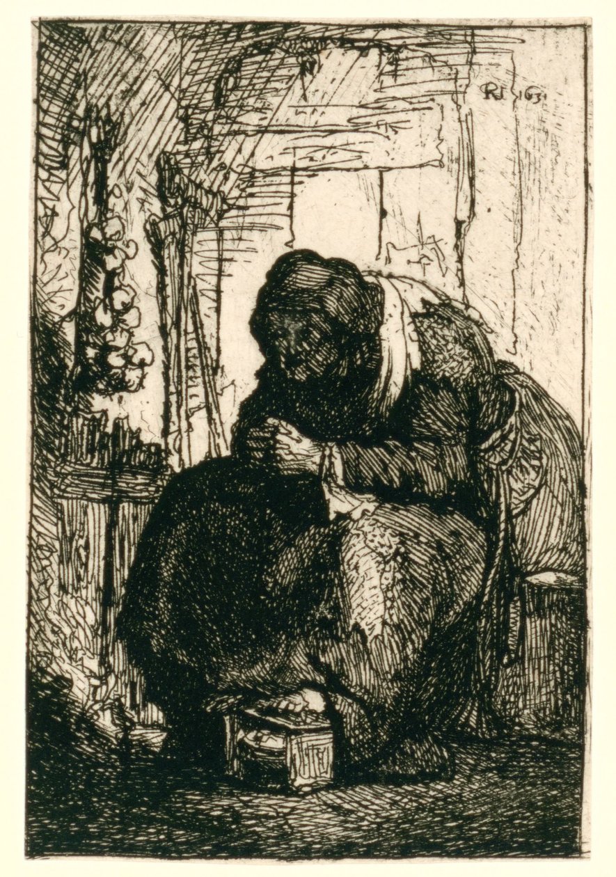 Uma senhora idosa sentada numa cabana, com um fio de cebolas pendurado na parede de Rembrandt van Rijn