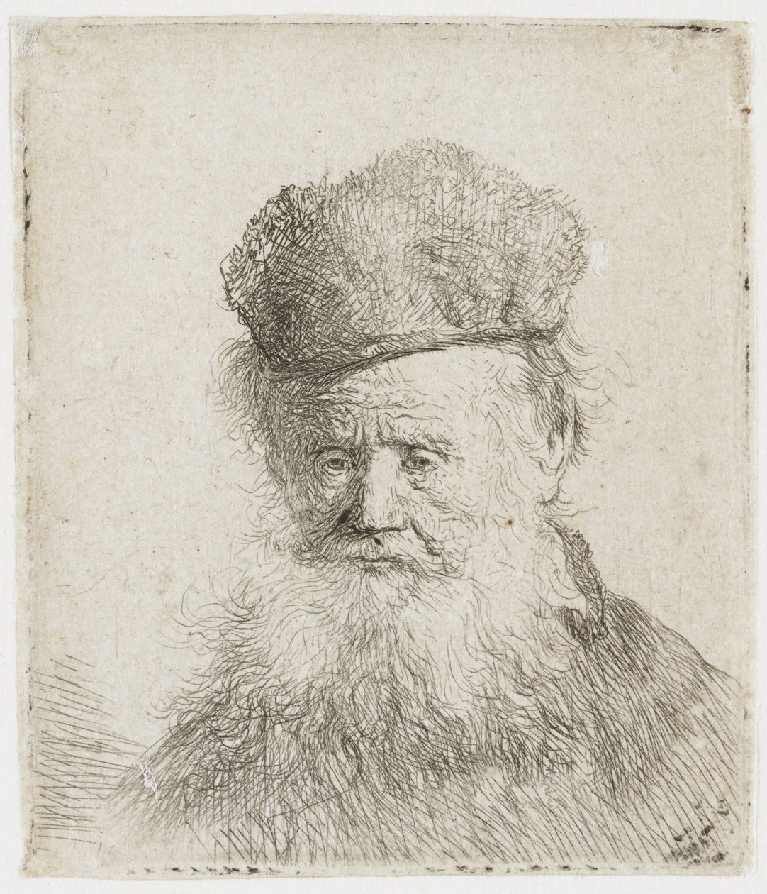Ancião com gorro de pele e barba comprida de Rembrandt van Rijn