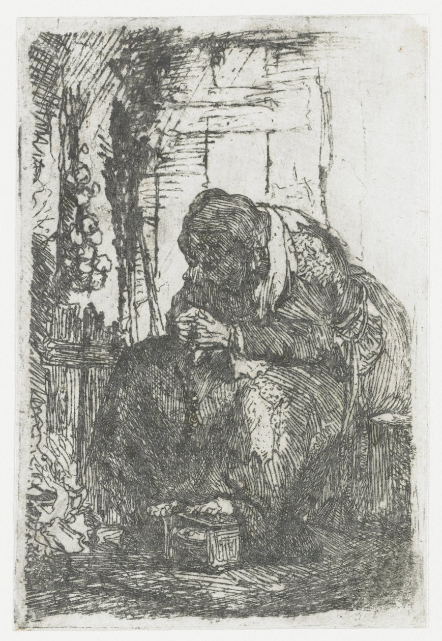 Anciã com cebolas, sentada numa cabana de Rembrandt van Rijn