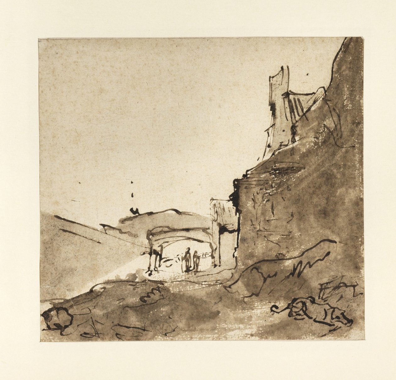 Periferia de uma cidade com paredes e uma porta, c.1627-28 (nanquim com tinta sobre papel) de Rembrandt van Rijn